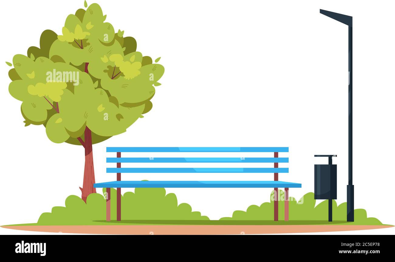 Bank in einem Park semi flach RGB-Farbvektor Illustration Stock Vektor