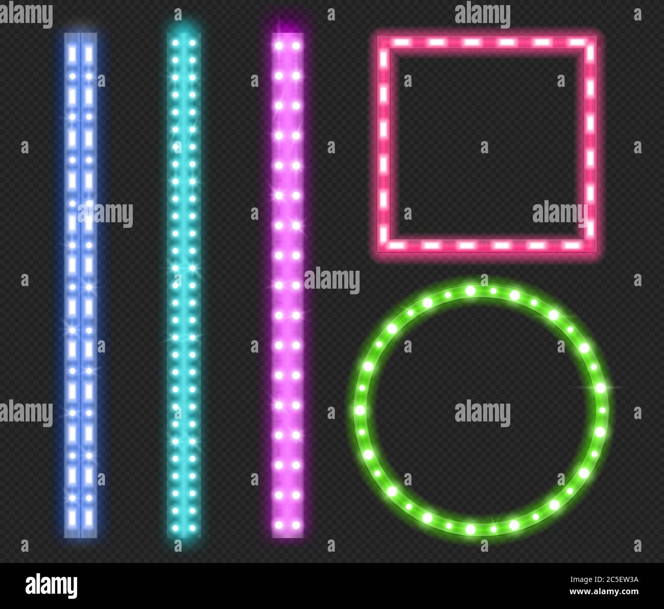 LED-Streifen, Neon-Licht glühende Lumineszenz dekorative Band Bordüren, grün, blau, rosa und lila Bänder, quadratische und runde Rahmen mit Blendung und Lichtblitze. Realistisches 3d-Vektorgrafik-Set Stock Vektor