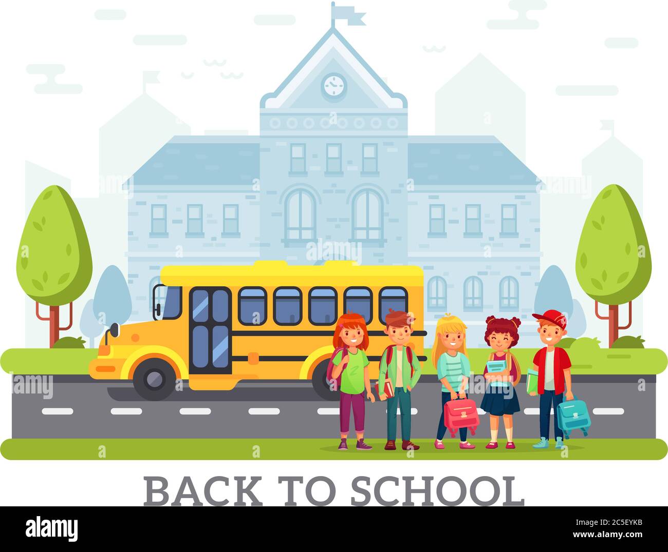 Schule gelben Bus für Kinder, zurück zur Schule Konzept. Kinder oder Studenten mit Rucksack in der Nähe der Straße Stock Vektor