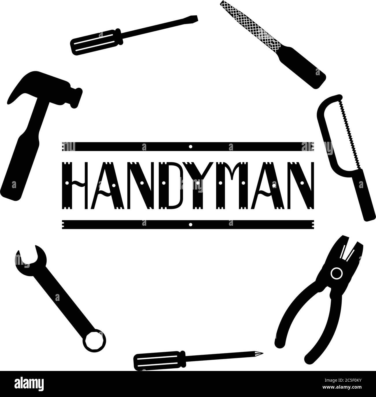 Werkzeuge Schwarze Sägeschrauber Hammer Schraubendreher Icon Set Handyman Services Toolbox Vektor-Illustration Stock Vektor