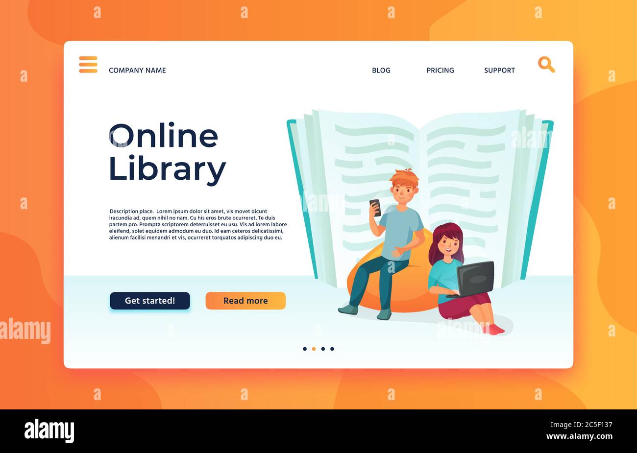 Online-Bibliothek oder Web-Archiv. Digitale Bildung, eBook lesen, im Internet studieren. Junge liest im Handy Stock Vektor