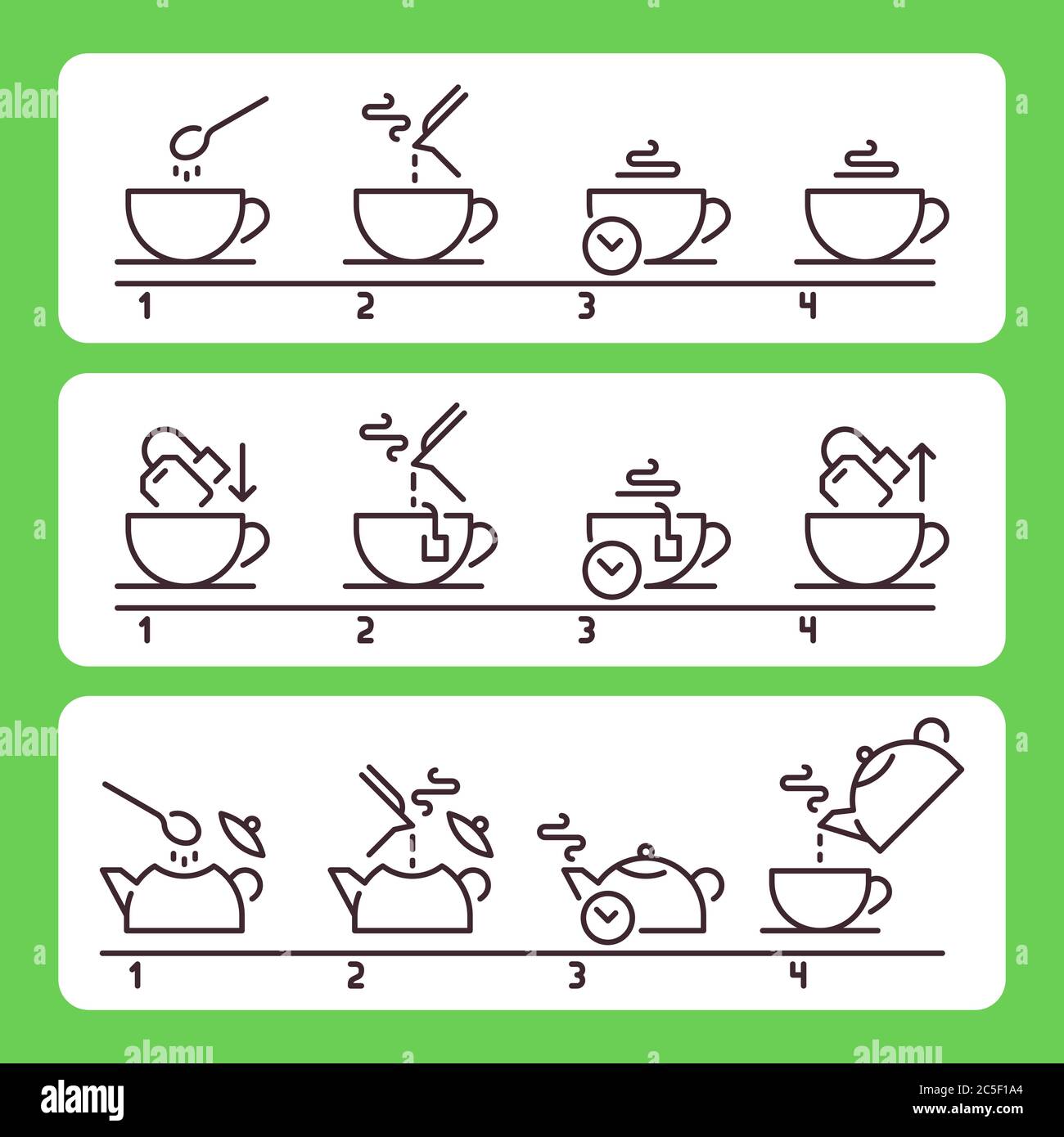 Anleitung zum Brühen von Tee. Zubereitung von grünen oder schwarzen Heißgetränken mit Beutel. Richtlinie zur Getränkezubereitung Stock Vektor