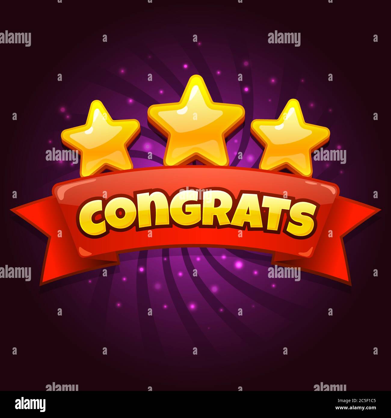 Glückwünsche. Golden Gratzen Zeichen mit drei goldenen Sternen, Casual-Spiele Level-up-Leistung Bildschirm Cartoon Vektor Illustration Stock Vektor