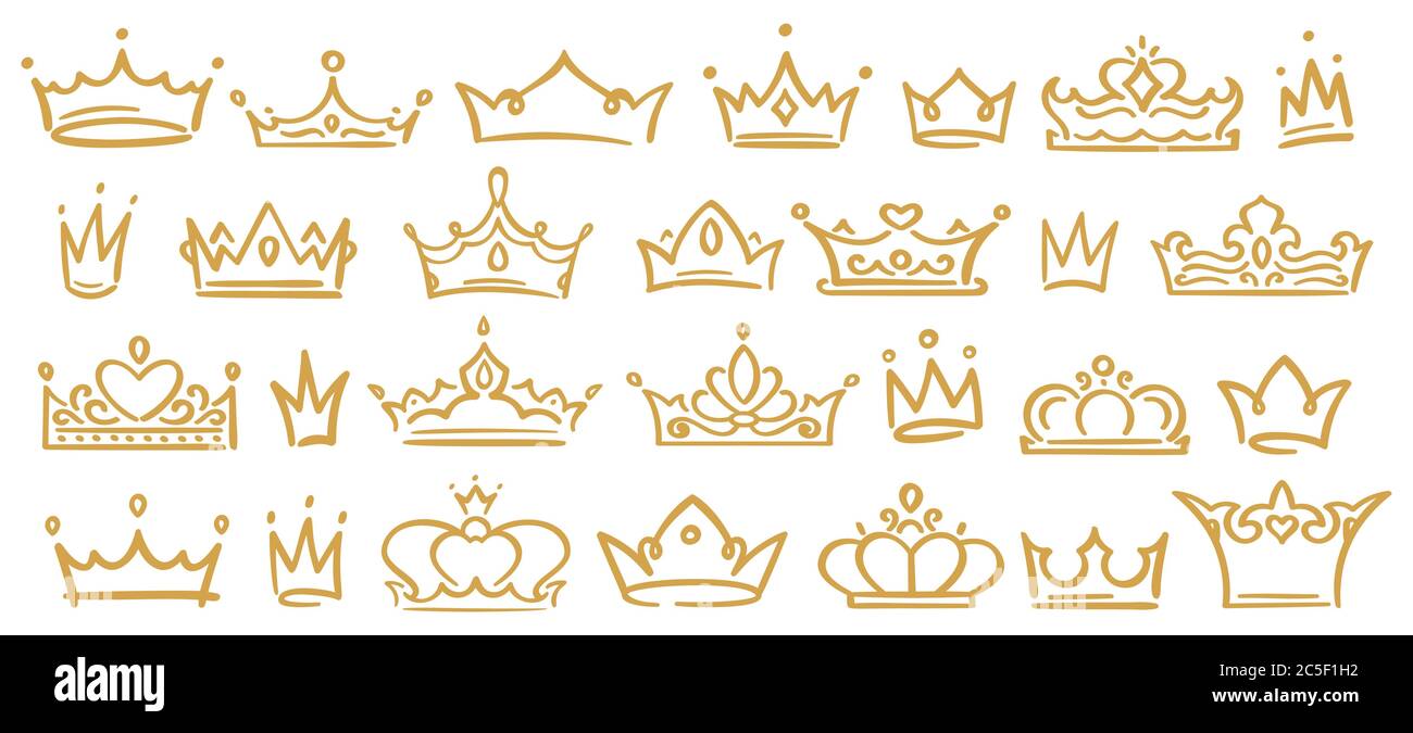 Goldene Skizzenkronen, handgefertigte königliche Diademe für Königin, Prinzessin, Sieger oder Champion. Kronen mit Dekoration Stock Vektor