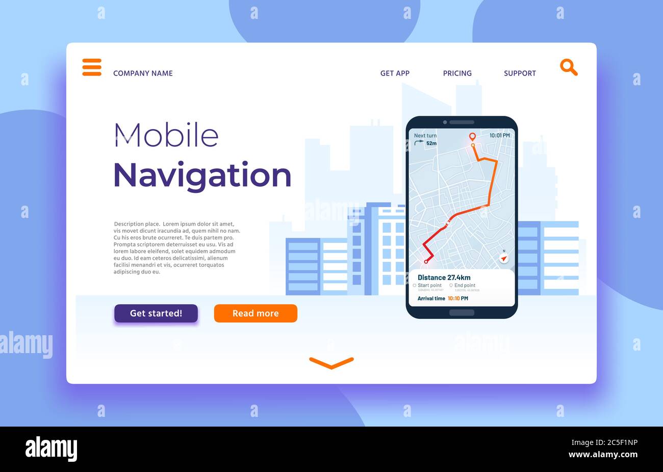 Landing Page für die mobile Navigation, Smartphone mit GPS-Anwendung auf dem Bildschirm. Route mit Positionsmarke zuordnen Stock Vektor