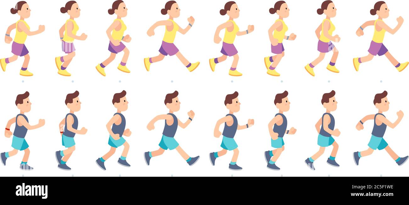 Mann und Frau Charakter laufen. Animation für Leute. Sportlerin in Sportbekleidung mit Marathon-Rennen. Jogging-Paar Stock Vektor