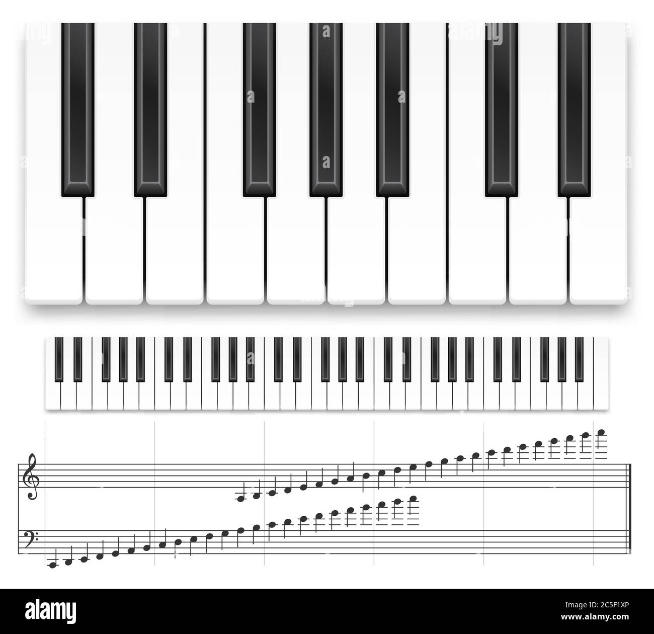 Klaviertastatur. Realistische Musikinstrument Draufsicht Flügel Keyboard oder Synthesizer und Noten Vektor Vorlage Stock Vektor