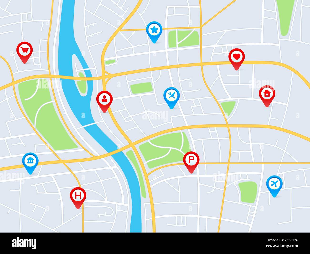 Stadtplan mit Pins. GPS-Navigation Route mit Zeigern, Lokalisierung von Straßen und Wohnblocks, Geo-Reisen Internet-Service-Vektor-Konzept Stock Vektor