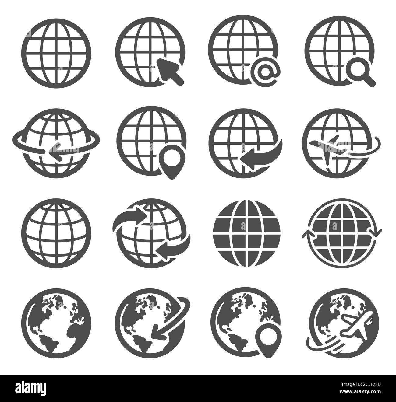 Globe Symbole gesetzt. Welt Erde, weltweite Karte Kontinente sphärischen Planeten, Internet globale Kommunikation Piktogramme, Geographie Vektor Symbole Stock Vektor