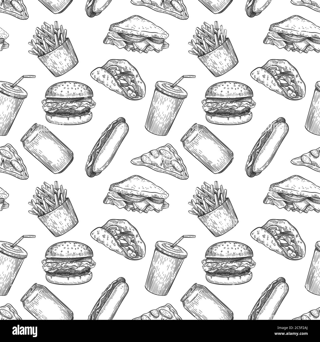 Fast Food Nahtloses Muster. Handgezeichnete Pizza, Burger und Pommes, Hot Dog, Hamburger und Cola für Fast Food-Menü Wallpaper Vektor-Textur Stock Vektor