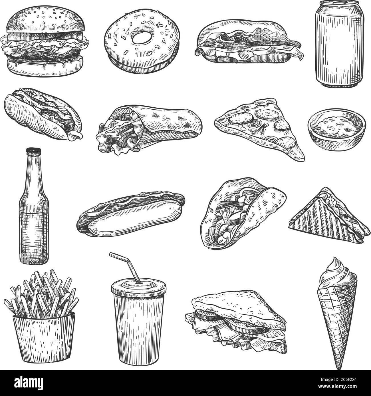 Skizze für Fast Food. Pizza, Donut und Eis, pommes Frites und Hamburger. Taco, Cola und Hot Dog, Burrito und Cheeseburger Vektor Doodle Set Stock Vektor
