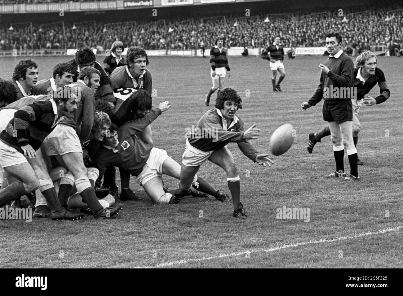 Llanelli Scrum Half, Selwyn Williams beim WRU Cup Finale zwischen Aberavon und Llanelli im National Stadium, Cardiff am 27. April 1974. Stockfoto