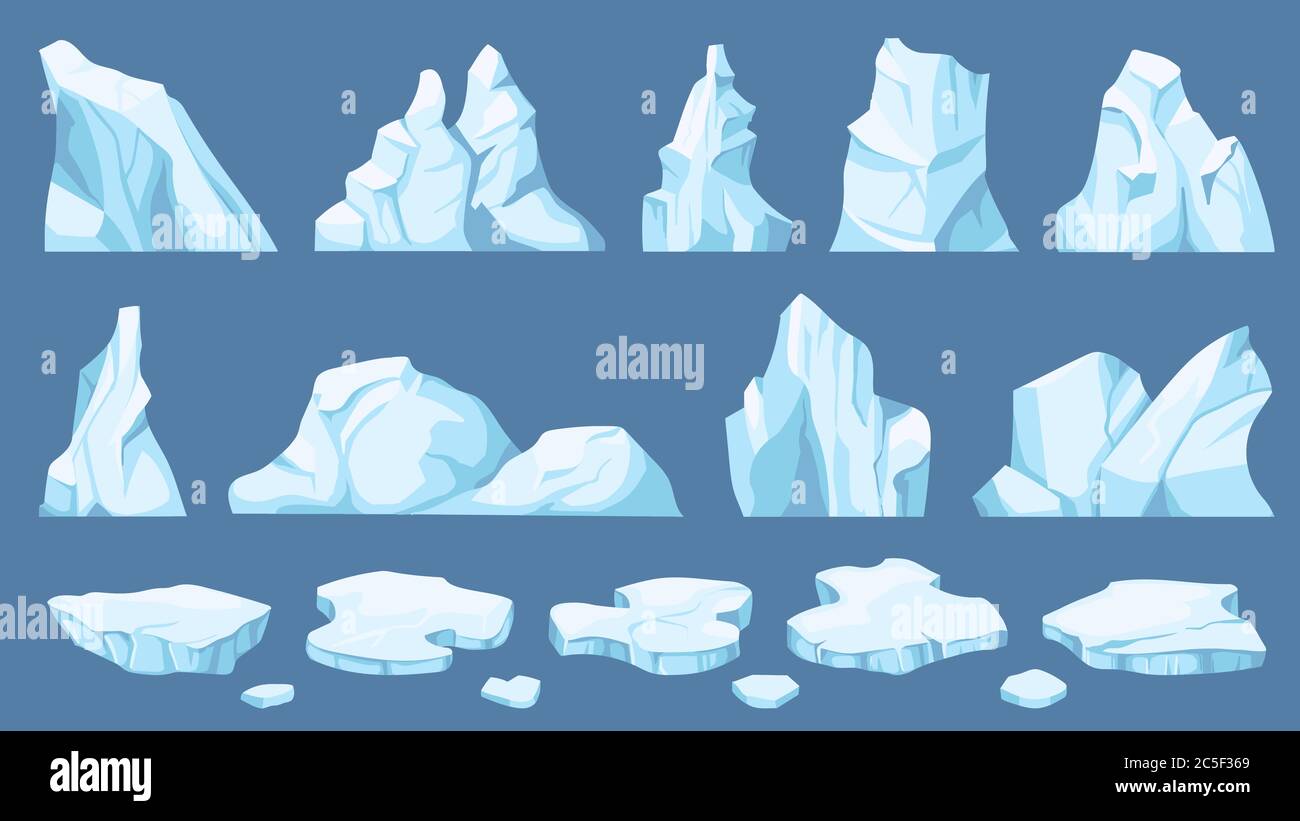 Cartoon arktisches Eis. Eisberge, blaue Schollen und Eiskristalle. Eisige Klippe, kalt gefrorenen Block von verschiedenen Formen für Spiel und Dekor Vektor-Set Stock Vektor