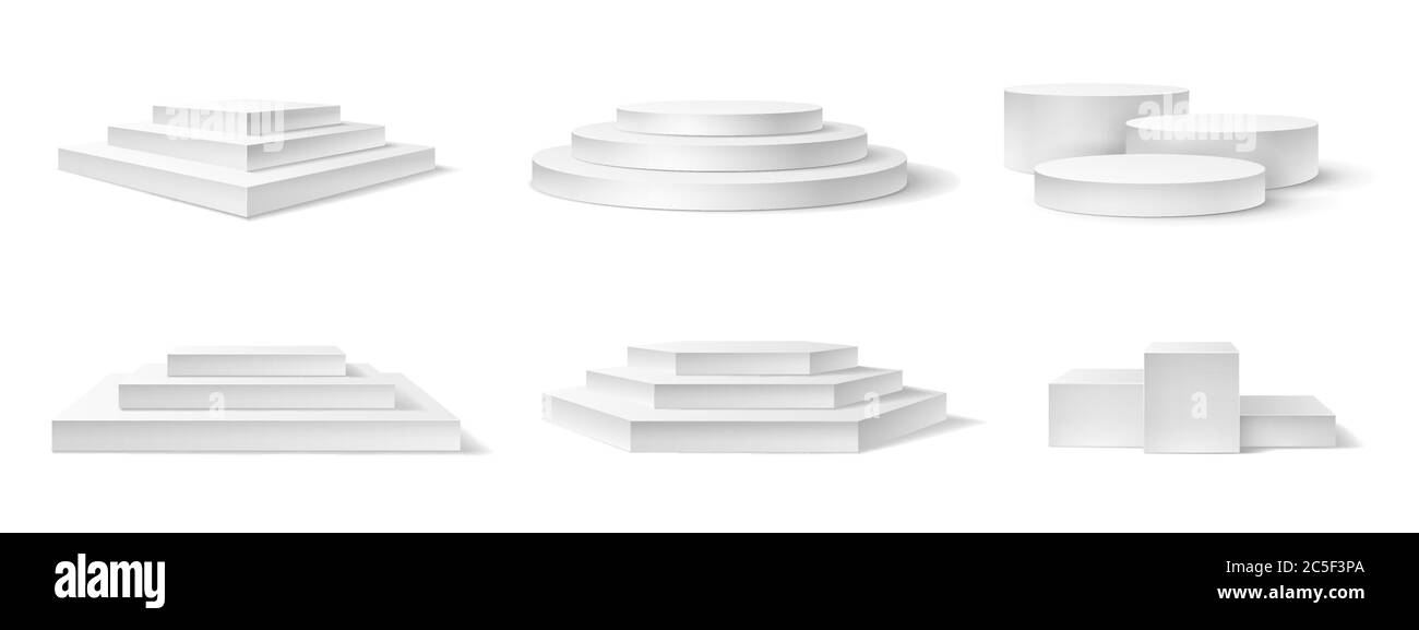 Realistisches Podium. Weiße 3d leere Podien, Sockel und Plattform verschiedene Formen für Preisverleihung, Konzert Werbung Produkt Vektor-Set Stock Vektor