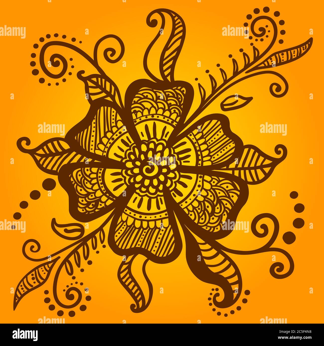 Abstrakte Blume für Henna Mehndi temporäre Tätowierung. Vektorgrafik. Große schöne Blume auf gelbem und orangefarbenem Hintergrund. Traditionelle indische Weddi Stock Vektor