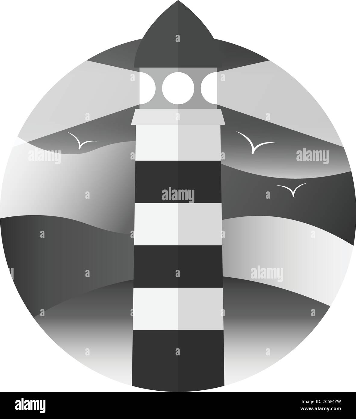 Leuchtturm Symbol Schiff Warnlicht Zeichen Symbol mit Vögeln schwarz und weiß runden Vektor-Illustration Stock Vektor