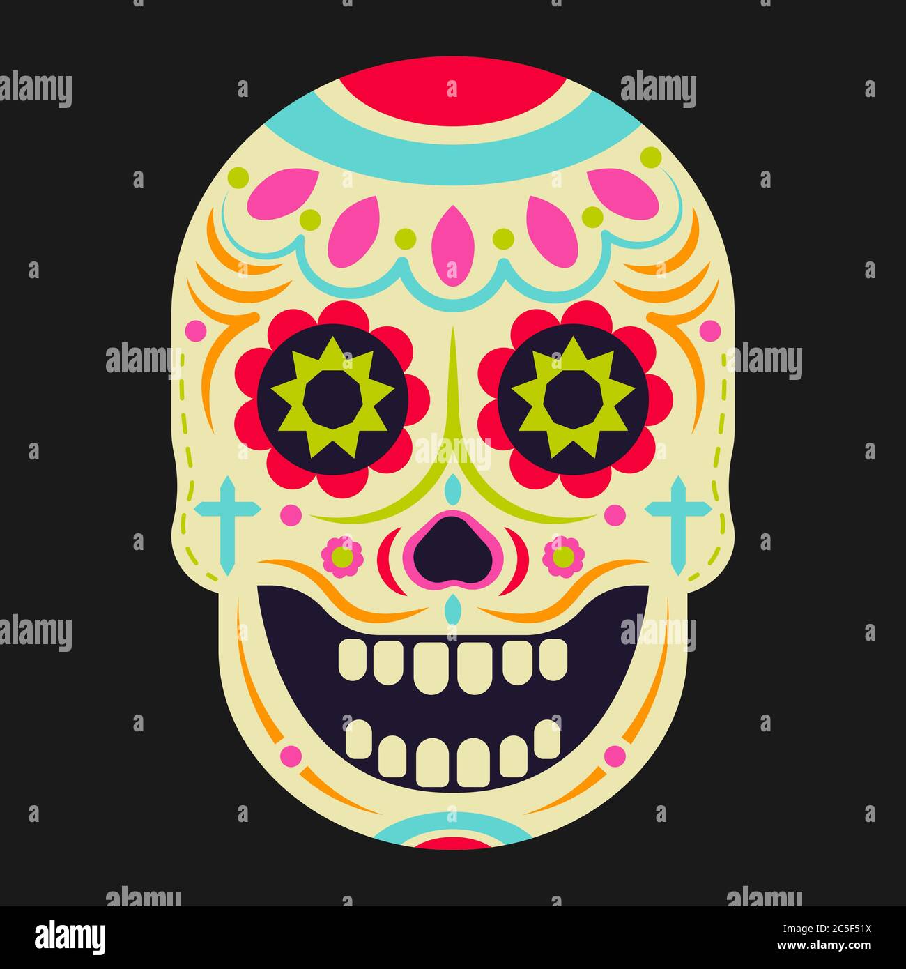 Vektorsymbol „Sugar Skull (Calavera)“. Tag der Toten (Dia de los moertos) Fiesta und Urlaubsposter. Bunte mexikanische Dekoration Party Flyer Gruß Stock Vektor