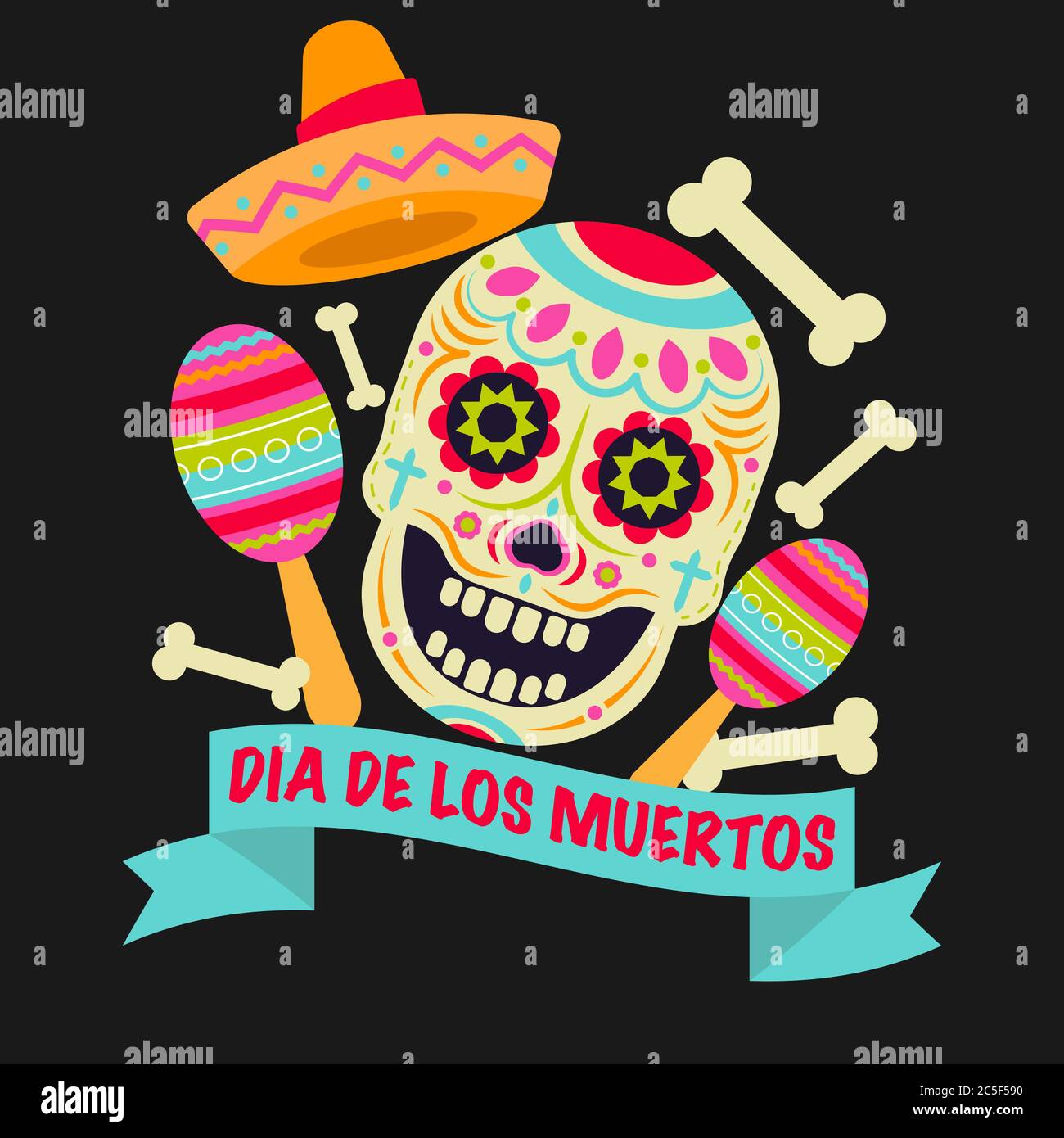 Vektorsymbol „Sugar Skull (Calavera)“. Tag der Toten (Dia de los moertos) Fiesta und Urlaubsposter. Bunte mexikanische Dekoration Party Flyer Gruß Stock Vektor