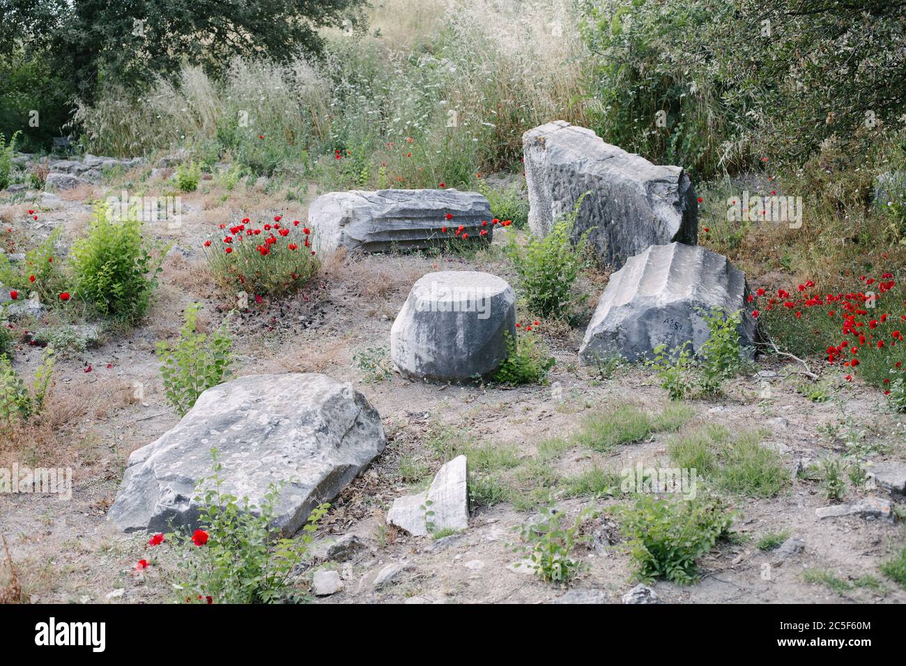 Troja. Blick auf die Stadt Troy. Historische Steine. Historische Ruinen und zerstörte Strukturen. Stockfoto