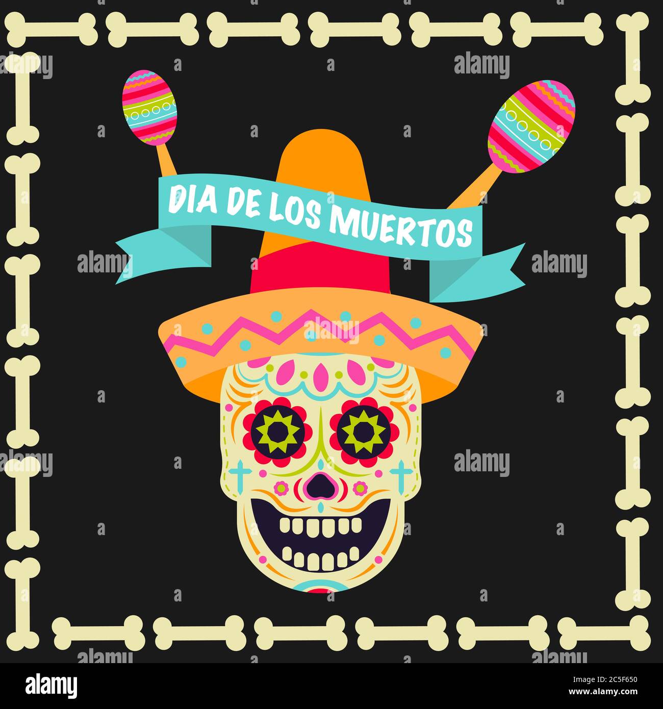 Vektorsymbol „Sugar Skull (Calavera)“. Tag der Toten (Dia de los moertos) Fiesta und Urlaubsposter. Bunte mexikanische Dekoration Party Flyer Gruß Stock Vektor