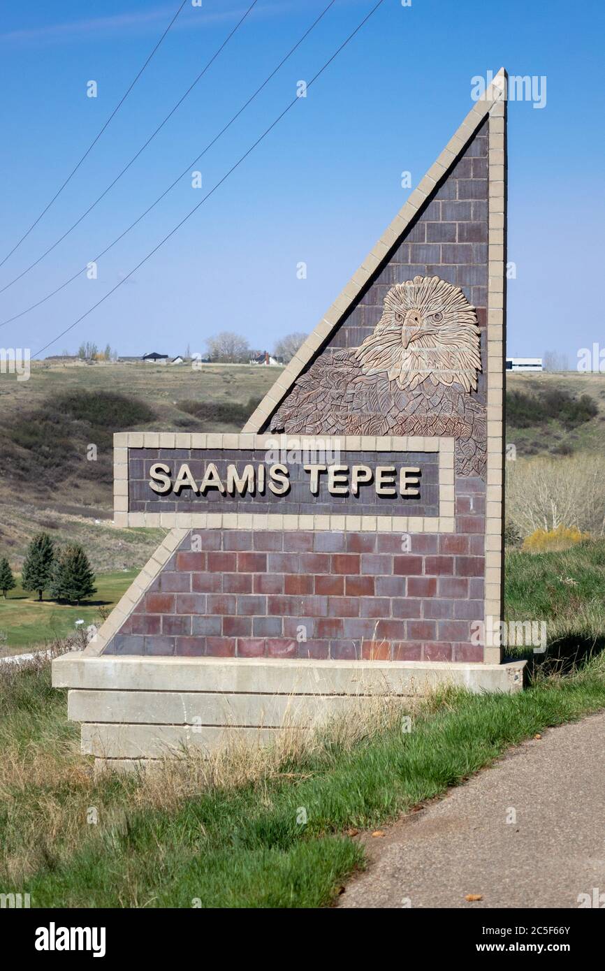 Eintrittsschild Zum Saamis Tepee Medizinhut Alberta Kanada Das Höchste Tepee Der Welt Stockfoto