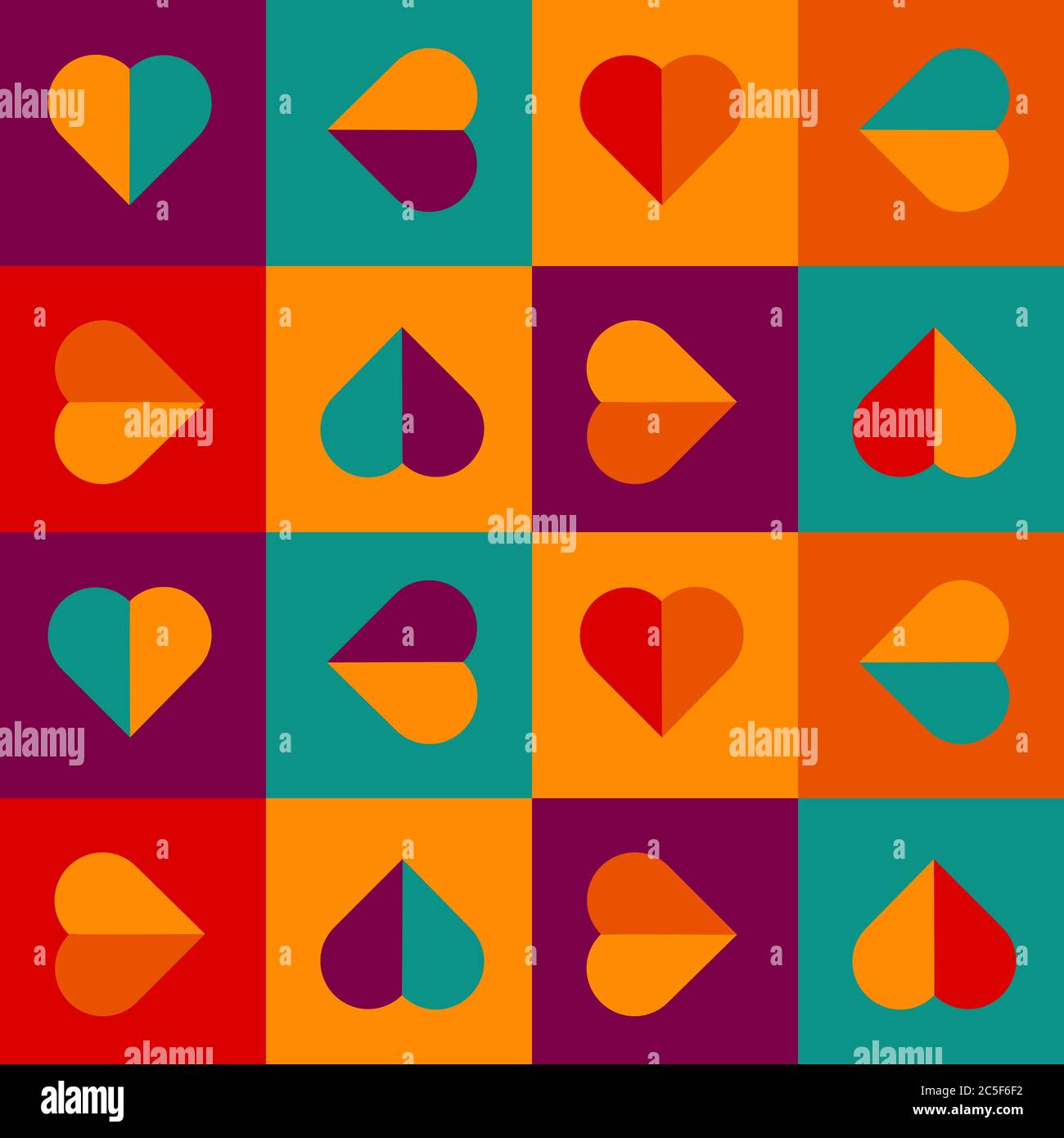 Geometrisches Muster mit Herzen in hellen Farben, nahtloser Vektor-Hintergrund für valentinstag Stock Vektor