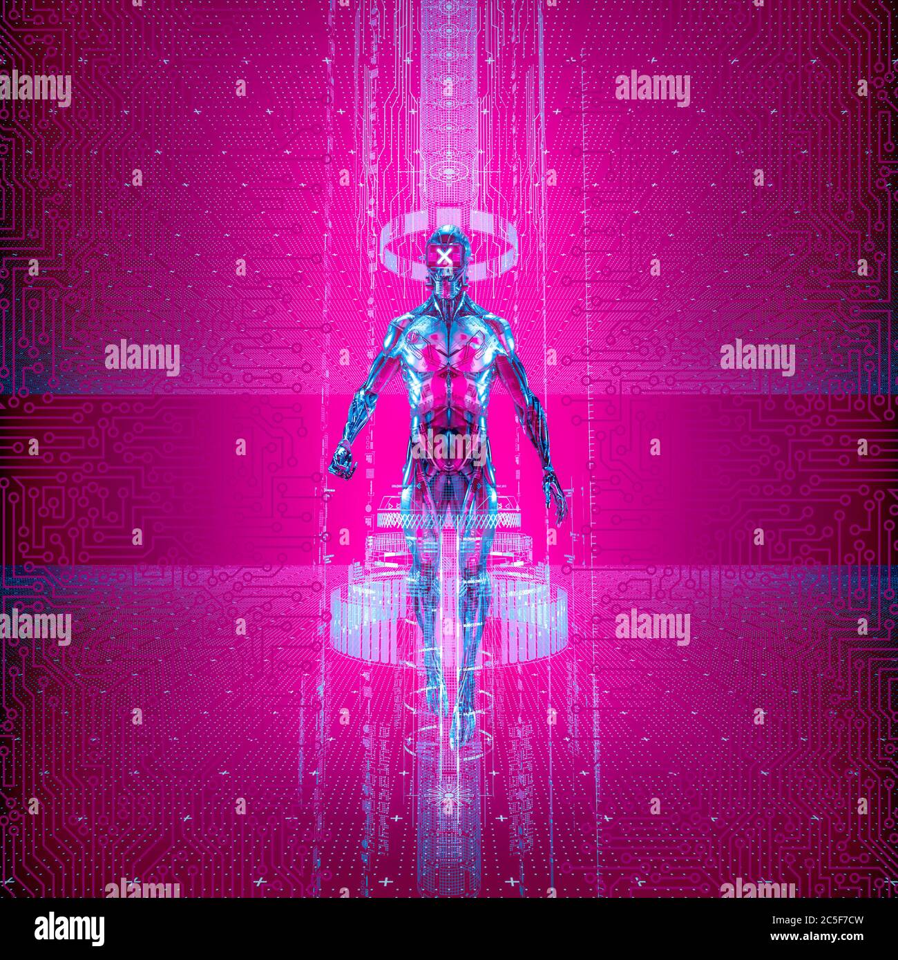 Meister des digitalen Reiches / 3D-Illustration von Science Fiction männlichen humanoiden Cyborg innerhalb der Datenmatrix Stockfoto