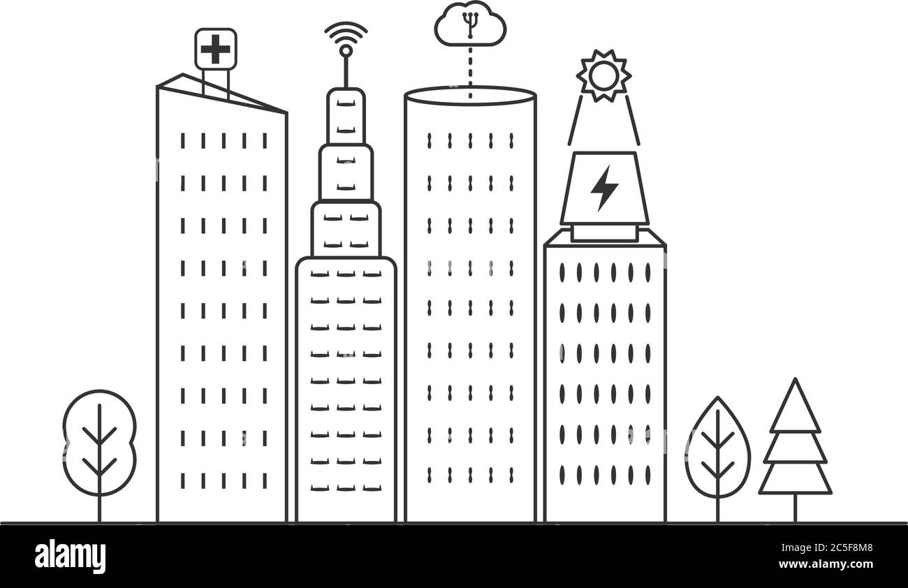 Smart City Gebäude skizzieren Vektor-Illustration. Smart Services Cloud Computing, Netzwerke, Sonnenkollektoren und Gesundheitswesen. Stock Vektor