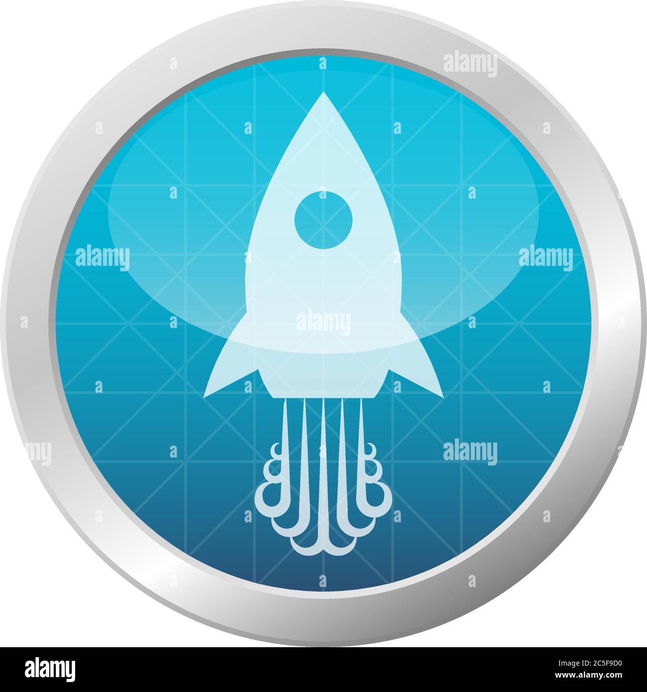 Rakete Symbol Vektor Illustration Raumschiff auf hellblau glänzenden Kreis Rahmen Stock Vektor