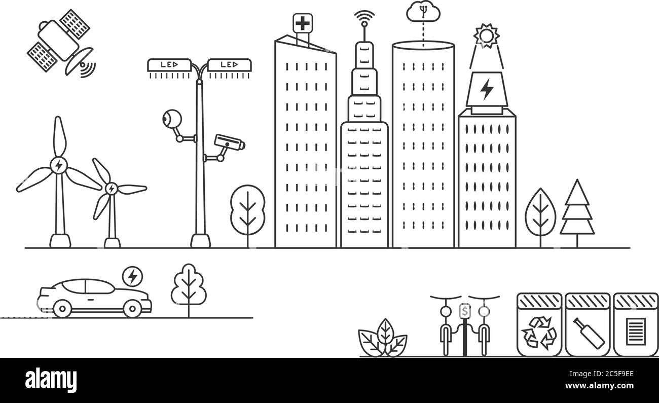 Smart City Symbole skizzieren Vektor-Illustration. Smart Services Cloud Computing, Netzwerke, Sonnenkollektoren, Gesundheitswesen, Recycling, Elektroauto, Sicherheit Stock Vektor