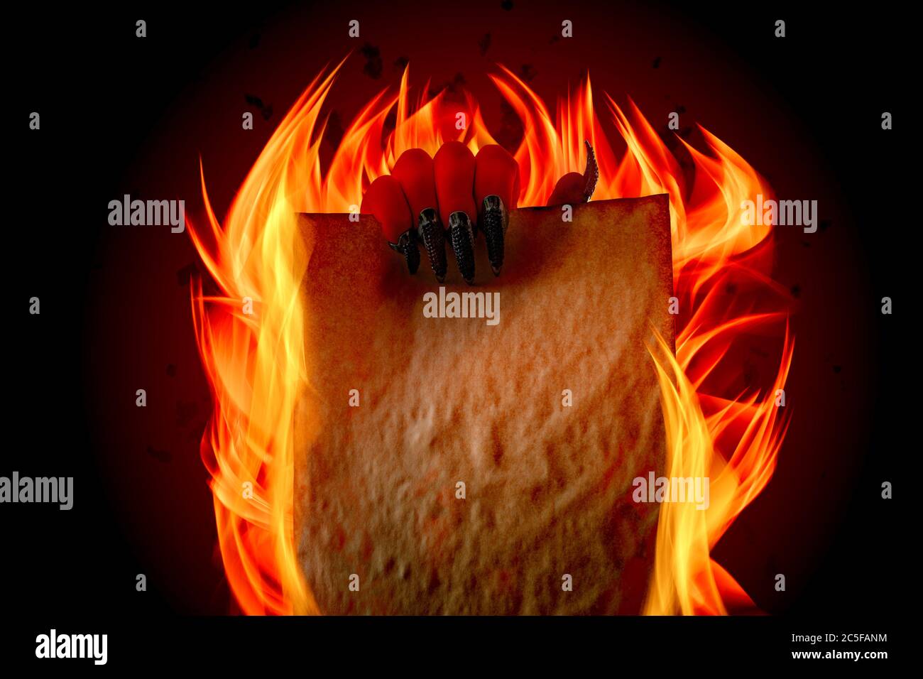 Pakt, um Ihre Seele an Luzifer zu verkaufen, schlagen eine Faustian Schnäppchen oder befassen sich mit dem Teufel Konzept Thema mit Satan hält in gruseligen hässlichen roten Hand mit poin Stockfoto