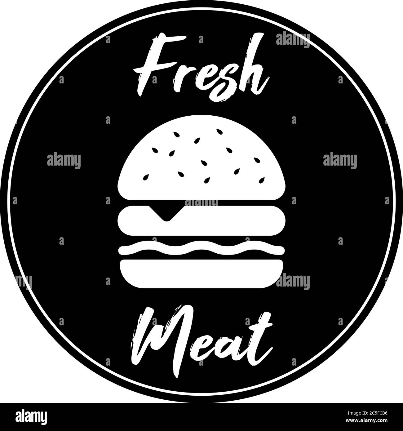 Hamburger Symbol frisches Fleisch Text schwarz Burger mit Brötchen Vektor Illustration runden Rahmen flach Design Stock Vektor