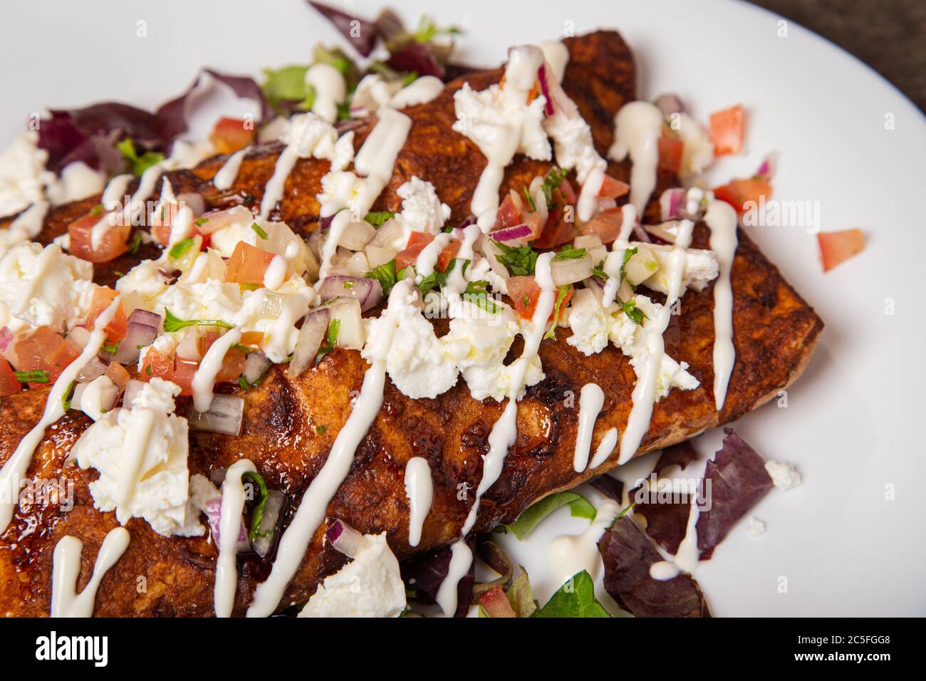 Platte mit leckeren mexikanischen Huhn Enchilada mit Maulwurfsauce und geschmolzenem Käse Stockfoto
