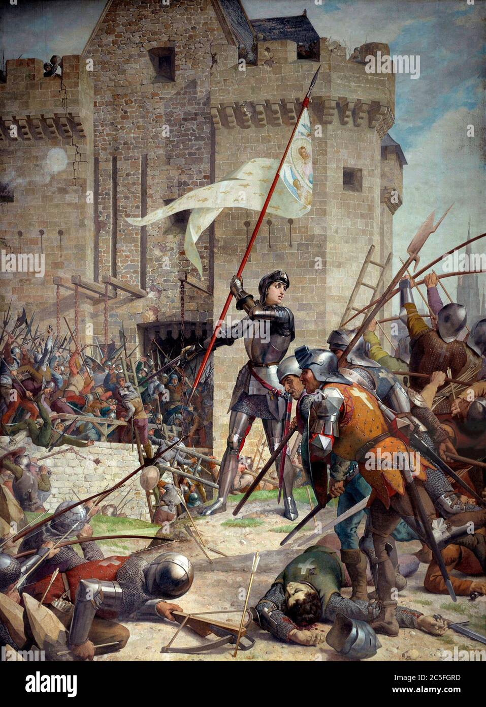 Gemälde von Jeanne d'Arc bei der Belagerung von Orléans Eugène Lenepveu - die Belagerung von Orléans (12. Oktober 1428 – 8. Mai 1429) war der Wendepunkt des Hundertjährigen Krieges zwischen Frankreich und England. Es war der erste große militärische Sieg der französischen königlichen Armee, der der vernichtenden Niederlage bei der Schlacht von Agincourt im Jahre 1415 folgt, und auch der erste, als Jeanne d'Arc mit der Armee war.[b] Stockfoto