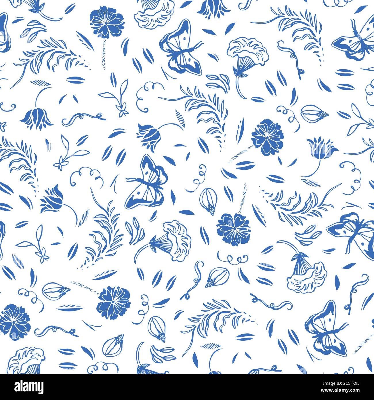 Vektor delft blau Royal Hand gezeichnet elegant floral nahtlose Muster mit Lline Art und Ausschnitt Blumen auf weißem Hintergrund. Natur Hintergrund. Oberflächenmuster. Stock Vektor