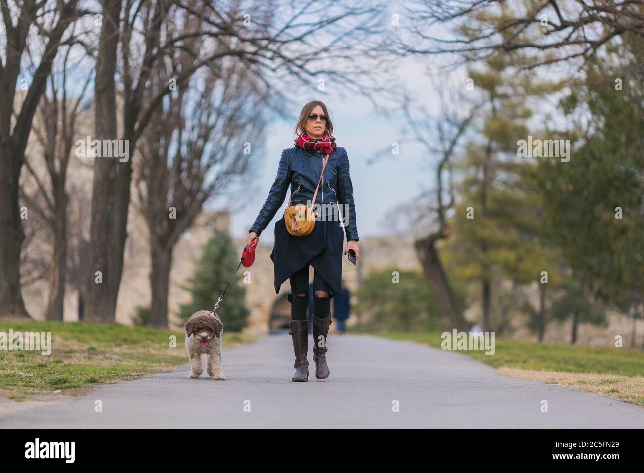 Junge Frau, die ihren Hund zu Fuß nimmt Stockfoto