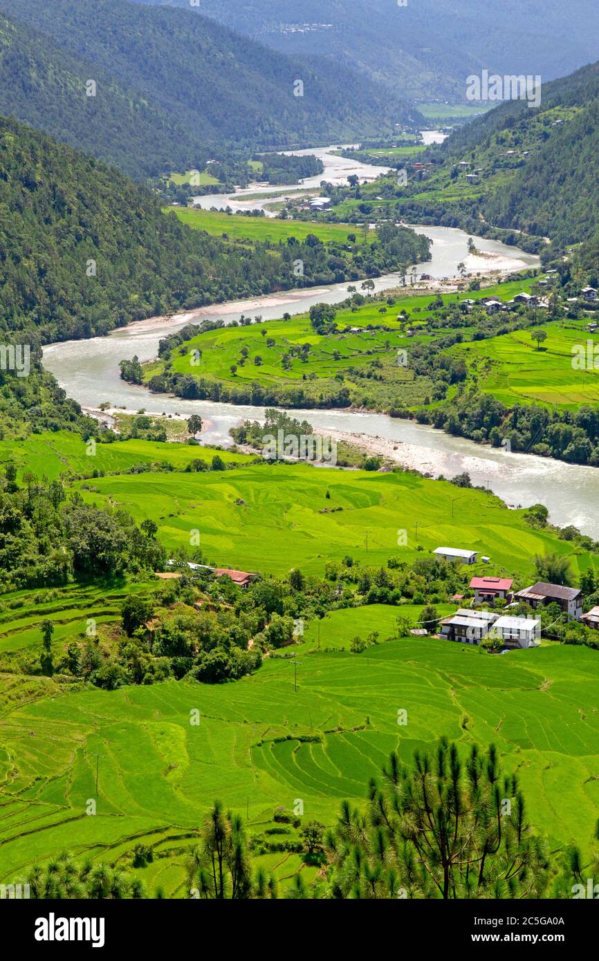 Der Mo Chhu Fluss in der Nähe von Punakha Stockfoto