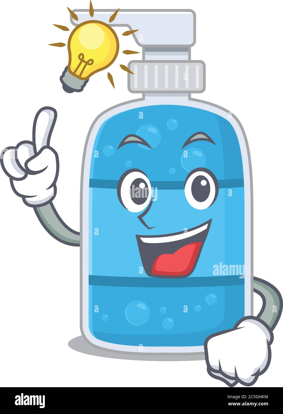 Maskottchen Charakter der intelligenten Handwäsche Gel hat eine Idee Geste Stock Vektor