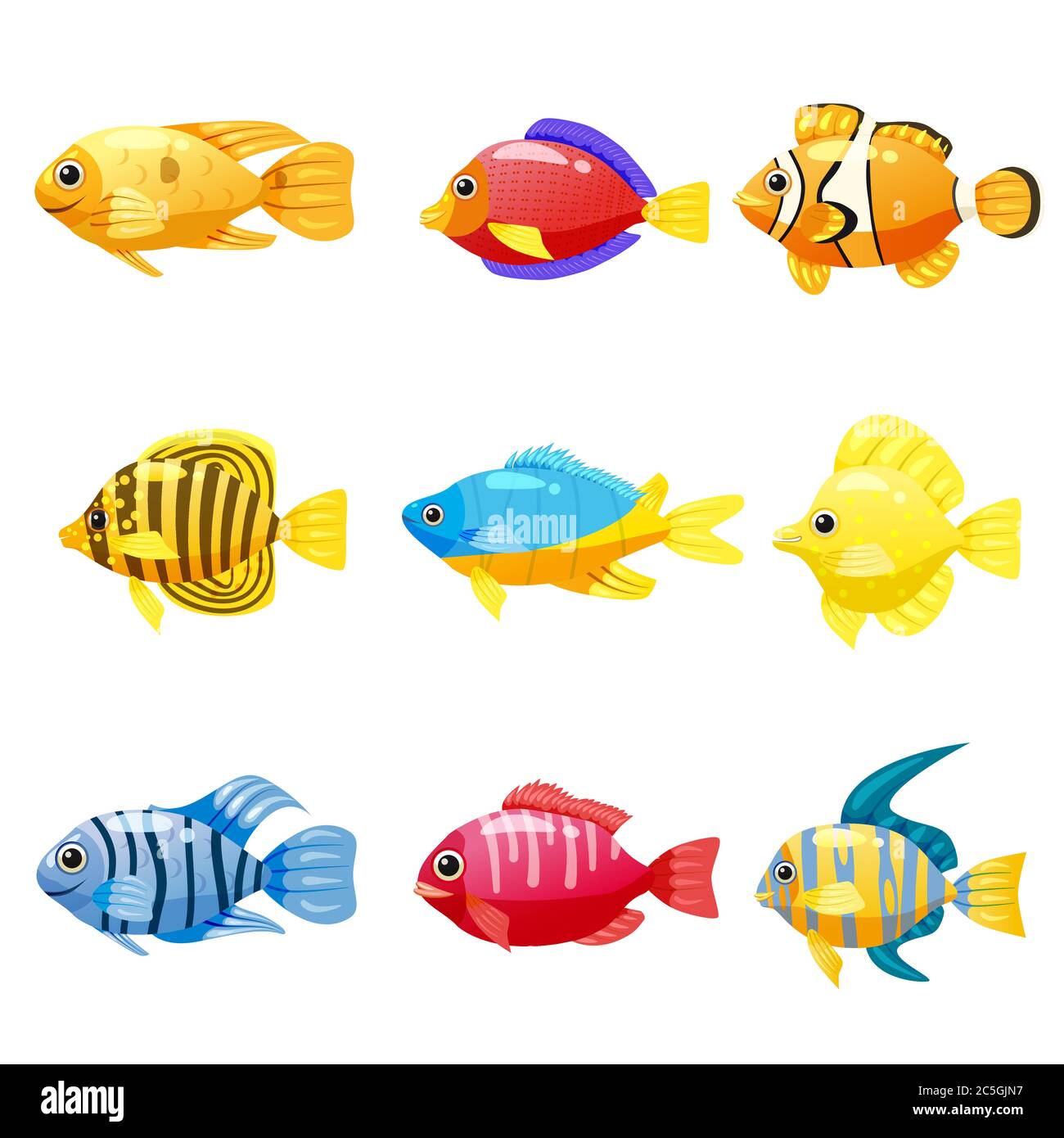 Set Cartoon Funny Fisch Vektor-Zeichen. Bunte Korallenriff tropische Fische Set Vektor-Illustration. Meeresfischsammlung isoliert auf weißem Hintergrund Stock Vektor