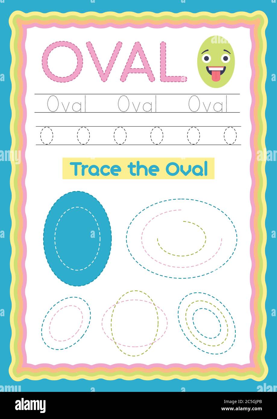 Vorschule Bunte ovale Form, Tracing und Schreiben täglich druckbare A4 Praxis Arbeitsblatt - Vektor-Illustration Übung für Kinder Stock Vektor