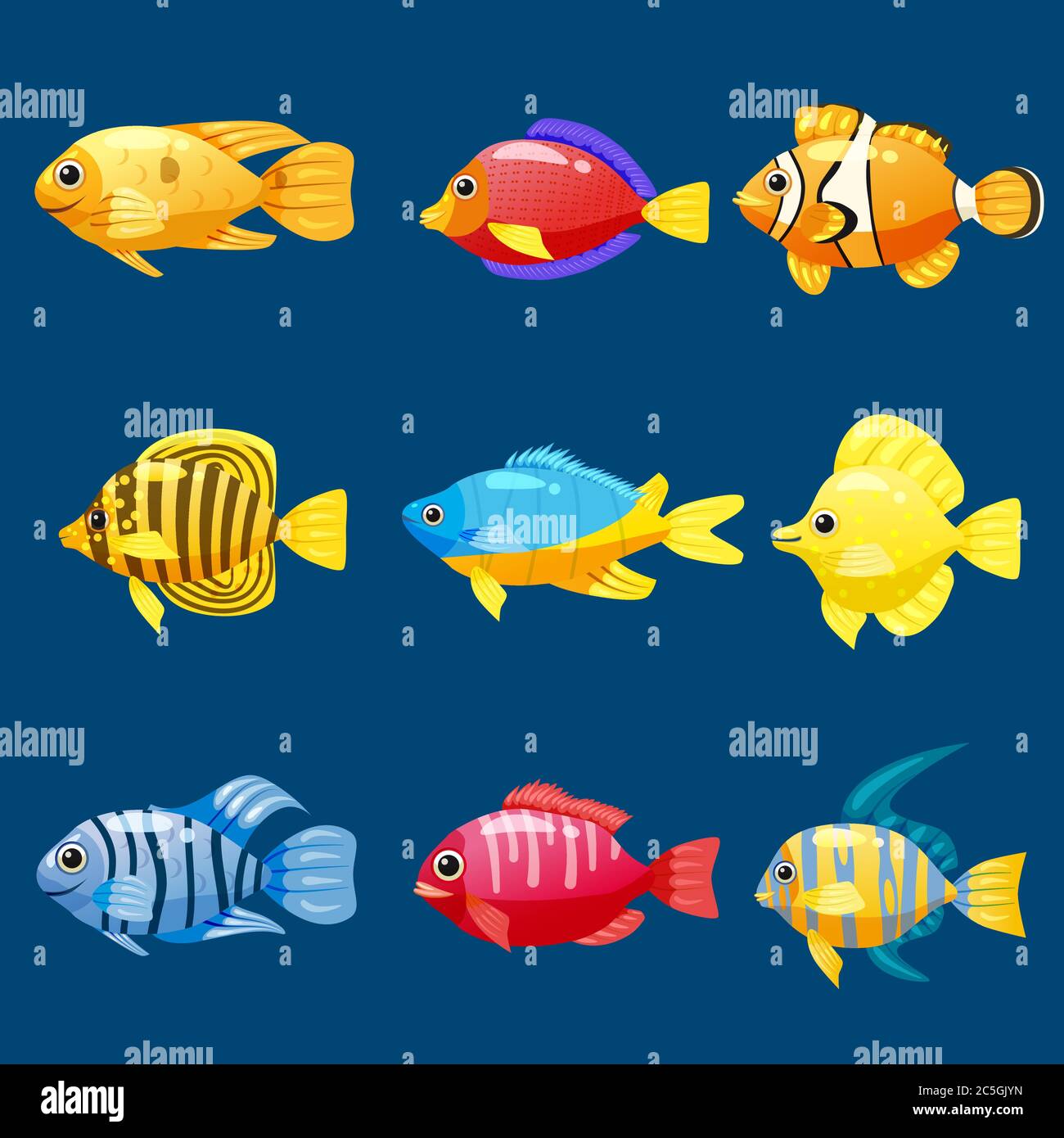 Set Cartoon Funny Fisch Vektor-Zeichen. Bunte Korallenriff tropische Fische Set Vektor-Illustration. Meeresfischsammlung isoliert auf weißem Hintergrund. Stock Vektor