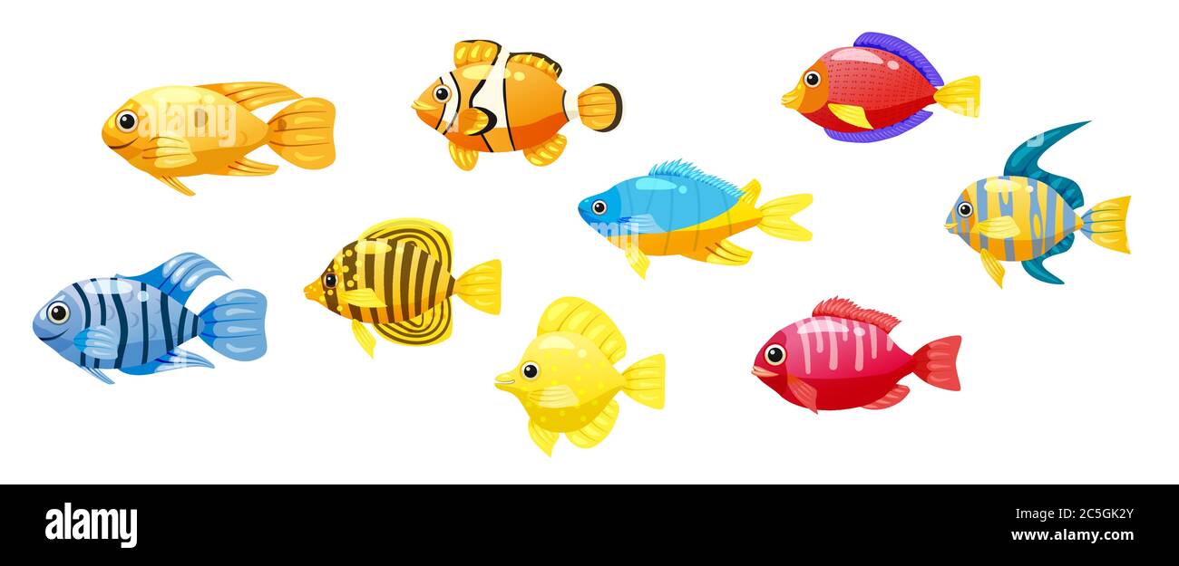Set Cartoon Funny Fisch Vektor-Zeichen. Bunte Korallenriff tropische Fische Set Vektor-Illustration. Meeresfischsammlung isoliert auf weißem Hintergrund Stock Vektor