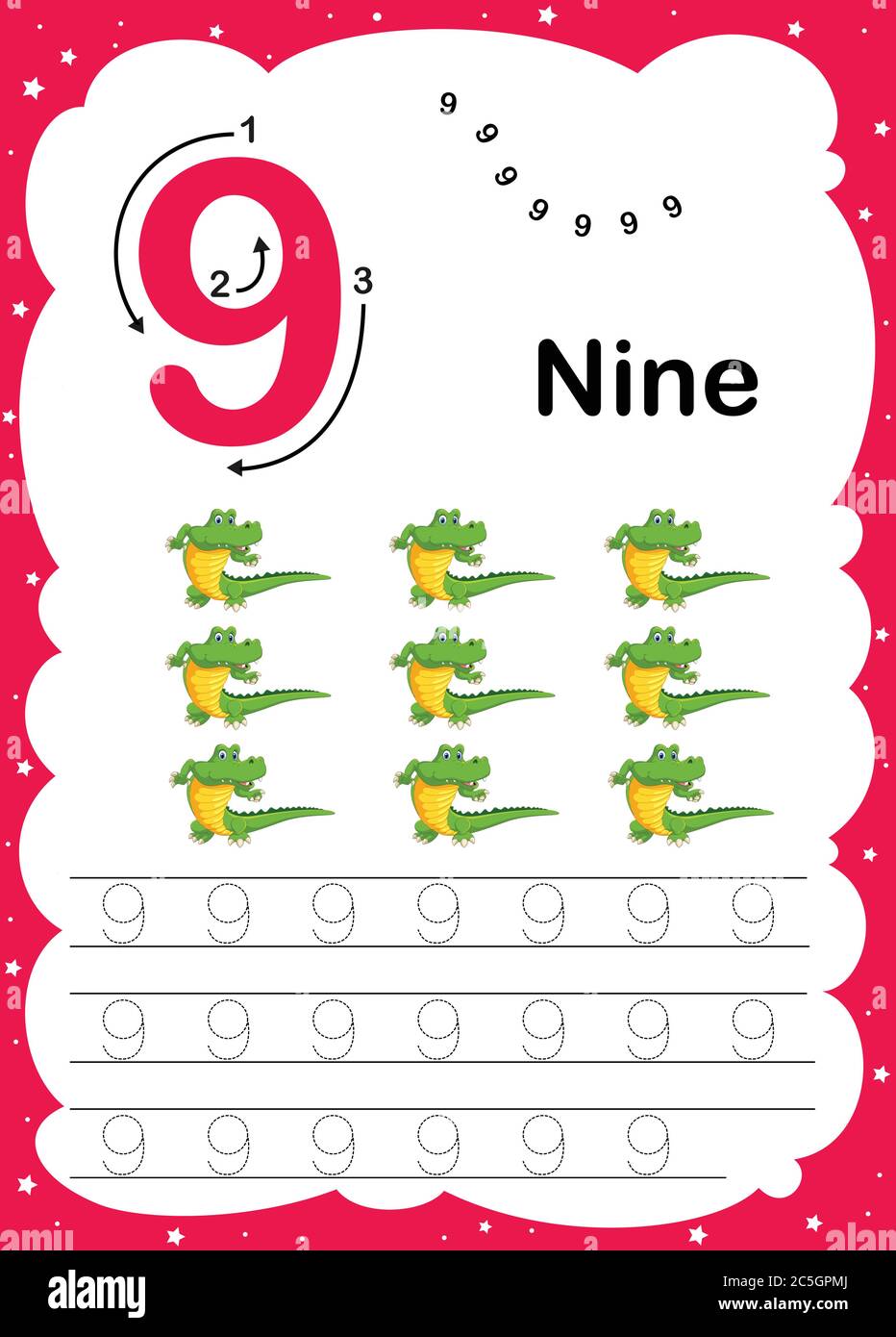 Bunte Zahl neun tägliche Tracing druckbare A4 Praxis Arbeitsblatt mit