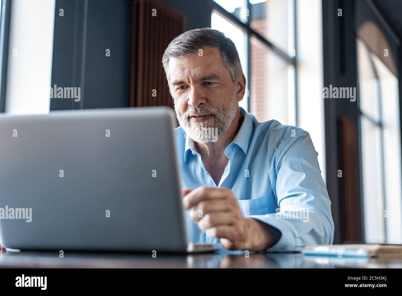 Reife Geschäftsmann arbeiten auf Laptop. Schöner reifer Geschäftsleiter sitzt in einem modernen Büro Stockfoto