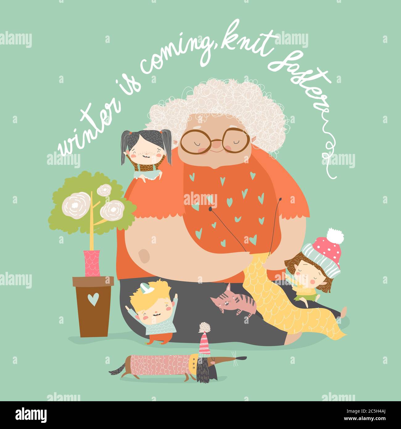 Cartoon lustige Großmutter stricken für ihre Enkel und Haustiere Stock Vektor