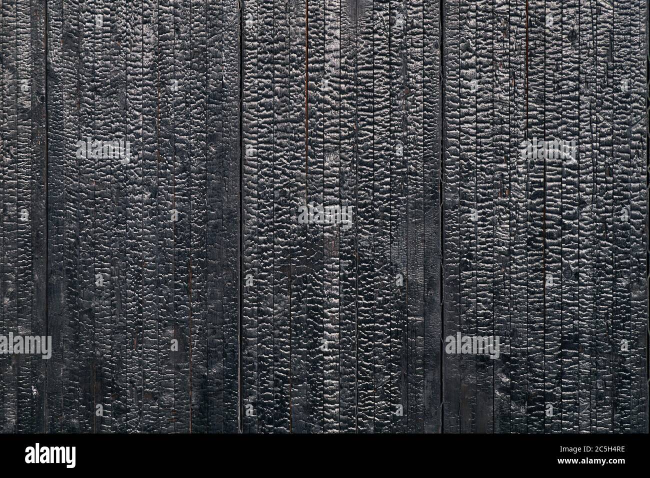 Verkohlte schwarze Holzwand mit Kopierraum. Abstrakter Hintergrund mit einer verbrannten Bretter Texturen Nahaufnahme Stockfoto