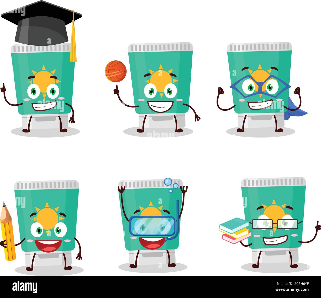 Schüler der Sonnenschutz Cartoon-Figur mit verschiedenen Ausdrücken Stock Vektor