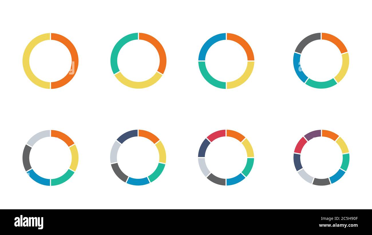 Infografik Kreisdiagramm Set. Zyklus Sammlung - 2,3,4,5,6,7 und 8 Abschnitt. Vektor auf weißem Hintergrund isoliert. Stock Vektor