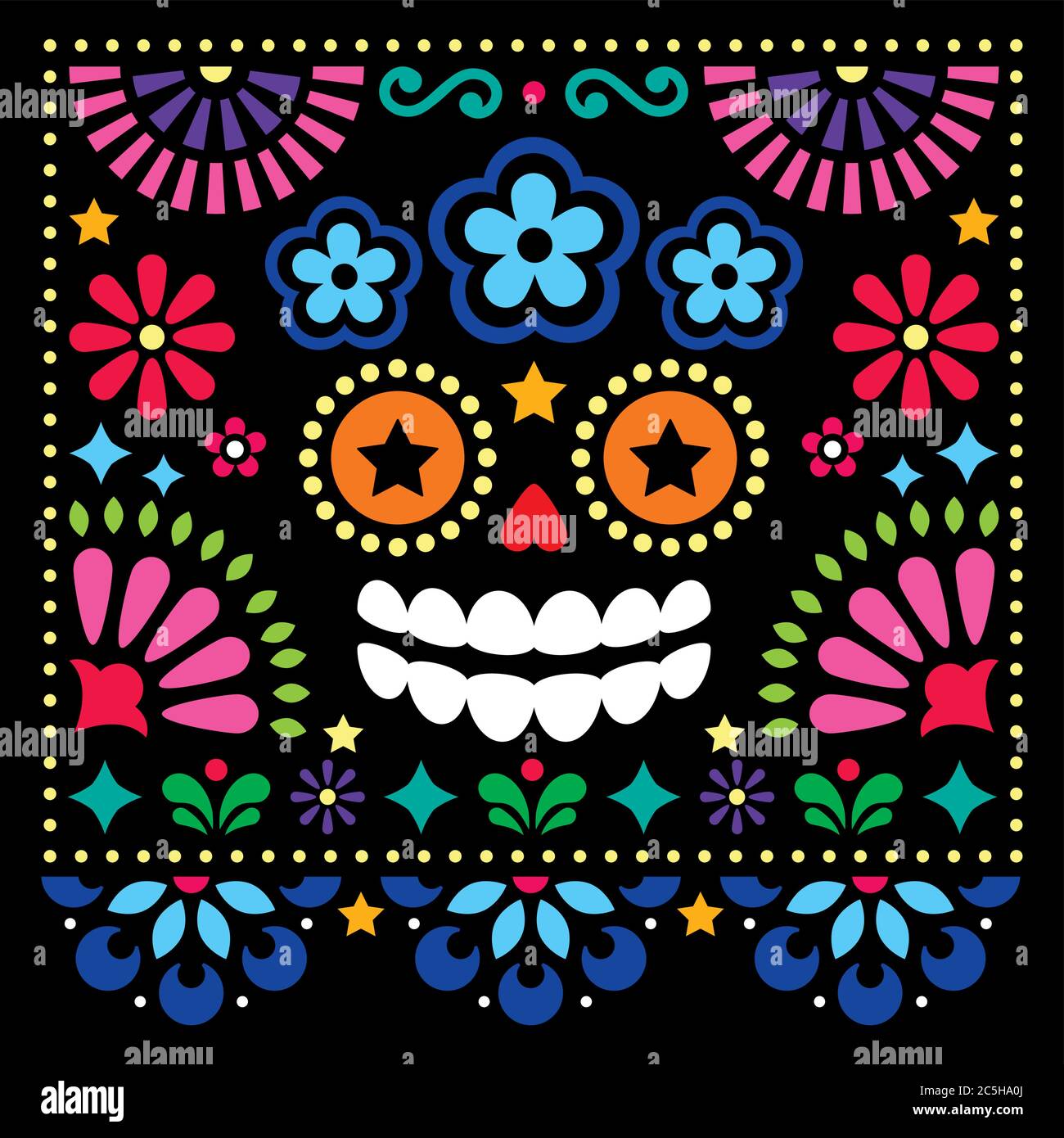Mexikanische Volkskunst Vektor Volkskunst Design mit Zucker Schädel und Blumen, Halloween und Tag der Toten bunte Muster auf schwarzem Hintergrund Stock Vektor