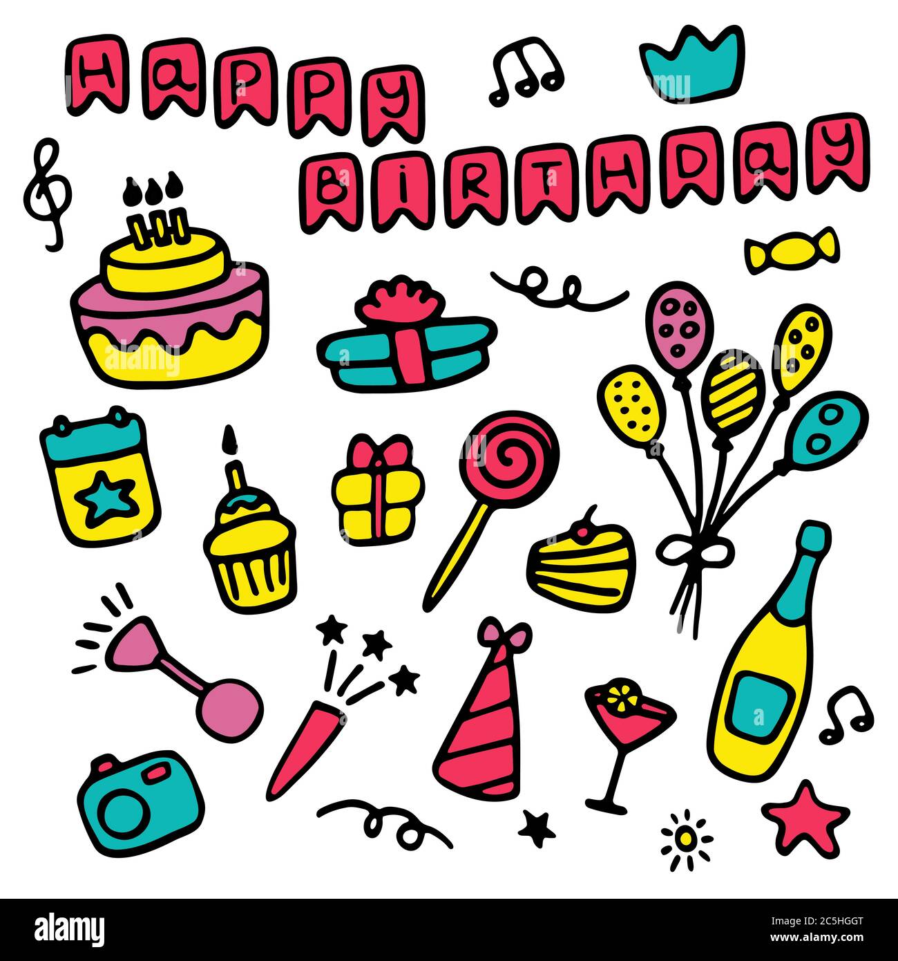 Doodle Geburtstag Set Symbole. Handgezeichnete Zeichen für den Urlaub. Vektor Stock Vektor